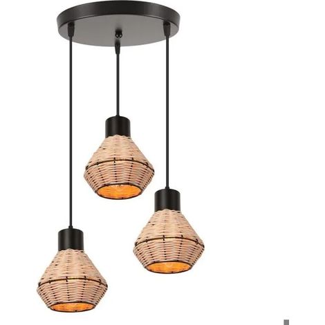 3lampes Suspension Luminaire Industriel,Lustre Abat-jour en Bambou et Métal Design Cage Plafonnier Rétro pour Salon Chambre (1/5)