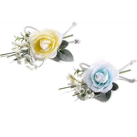 Mini bouquets pics avec rose, baies artificielles et nœud en cordon, lot de 12, H. 12 cm (17,5 cm avec tige)