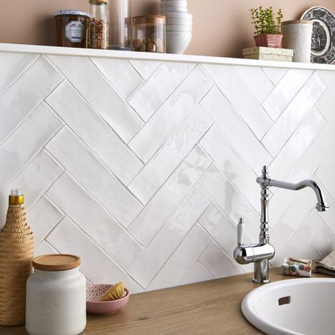 Centrale Brico – Carrelage mural faïence effet artisanal 30x7.5cm – Blanc brillant – Résistant à l'humidité – Pour cuisines et salles de bains