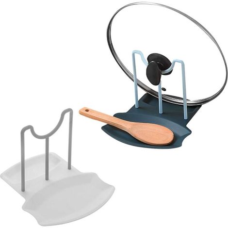 Support Couvercles Casseroles Cuisine Porte-Couvercle Multifonction pour Casserole Porte-Cuillère De Grande Taille Couvercle de Casserole Debout 2 Pièces (Bleu/Blanc)