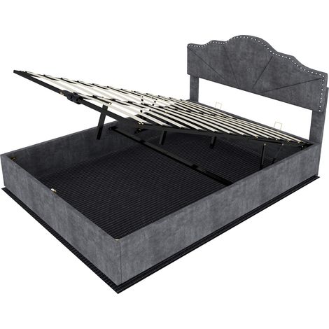 Lit coffre rembourré gris 160 x 200 cm avec matelas, tête de lit moderne, mécanisme à vérins (1/5)