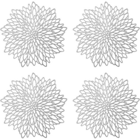 Set de Table Rond évidé, 4 pièces Set de Table Rond Argent métallisé Set de Table antidérapant Tapis de Protection en PVC à Coaster en Plastique Mats (1/5)