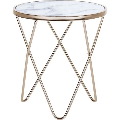 Mesa auxiliar tablero de cristal templado con efecto mármol blanco patas de horquilla de metal dorado forma redonda Meridian II