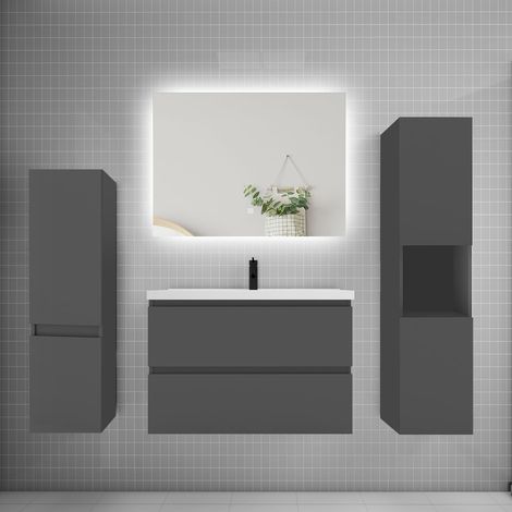 Ensemble meuble anthracite et lavabo L.80cm 2 tiroirs + colonne2 haut + lavabo + miroir 80x60cm-suspendu