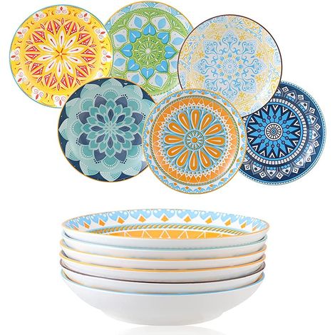 Assiettes Plates Assiette Creuse Porcelaine - Lot de 6 Assiette a Pates  Salade  Soupe  Dessert  Risotto - 680 ml - 20×4 cm (1/5)