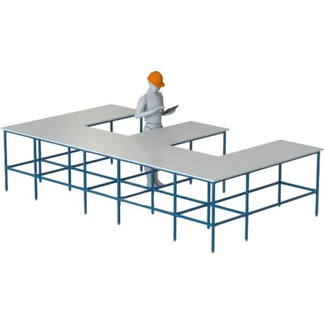 PROVOST - Plan de travail en E gris mélaminé et structure acier - 4400 x 2400 x 1022 mm