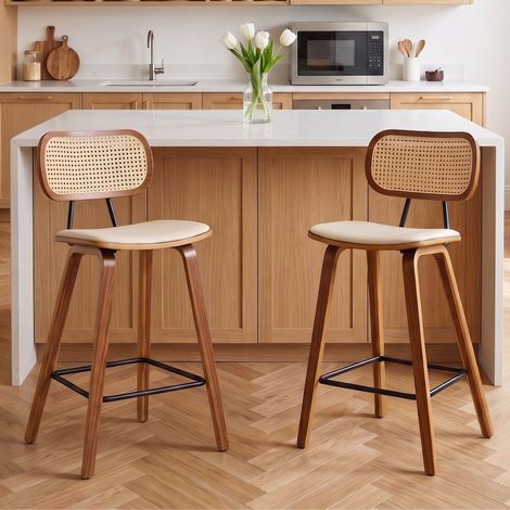 Wahson Rattan Bar Stools Set of 2 - Rustic Wooden Counter Chairs with Rattan Back for Home Bar Kitchen, Beige