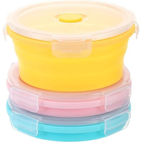 3 Pièces Boîte à Lunch Pliante en Silicone, Récipient Alimentaire Pliable avec Couvercle, Portable pour Bureau, École, Voyage, Camping, Lavable au Lave-vaisselle et Micro-ondes, Rond 550 ml (1/5)