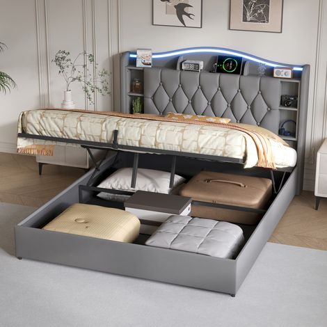 lit 140x200cm avec rangement, lit coffre, lit 2 places, Sommier à Lattes, avec port USB et LED, Chambre moderne, velours, Gris
