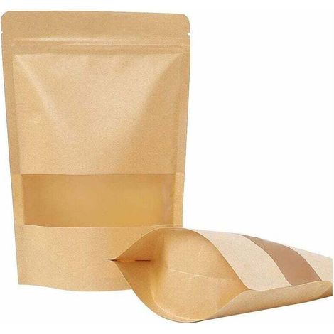 50 pièces Sac en Papier Kraft Zip Petit Sac en Papier avec fenêtre Sac ziplock Alimentaire-adapté aux graines de thé de café de Fruits secs (9X15cm)-Fei Yu (1/4)