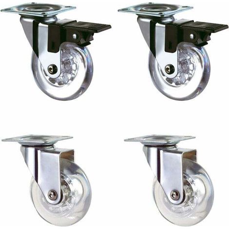Set di 4 ruote trasparenti da 50 mm con freno per il trasporto, facili da spostare, adatte a tutte le superfici (50 mm), rivestimento in gomma trasparente, carico totale 160 kg. (1/3)