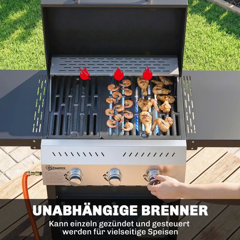 Barbecue gaz 9 kW 3 feux, support acier inoxydable avec plateau rabattable, porte-épices, grille basse et 6 accroches. (1/4)