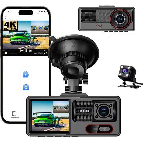 Dreifach-Dashcam (1080p + 480p + 480p) mit WLAN und Rückfahrkamera – HD-Fahrrekorder für Front-, Innen- und Rückfahrkamera mit Weitwinkel, Nachtsicht, 3-Zoll-Bildschirm, Parküberwachung und Loop-Aufna (1/4)