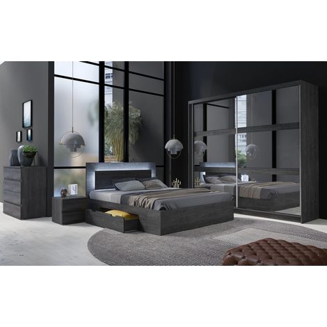 Komplettes Schlafzimmer VELTIS – Bett 160x200 LED mit Lattenrost + Schrank + Kommode + Nachttische – Schwarzesche