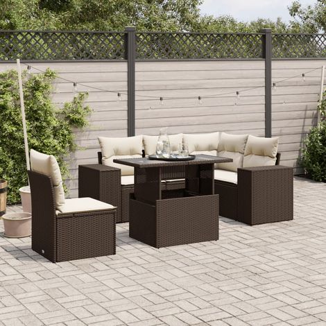 Set sofás de jardín 6 piezas y cojines ratán sintético marrón vidaXL (1/5)