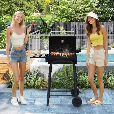 Barbecue au Charbon de Bois en Tonneau Barbecue Portable avec Table Latérale Rabattable Thermostat Étagère de Rangement et 2 Roues Noir (1/3)