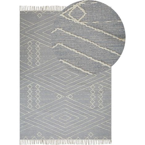 Tapis Moderne en Coton à Motifs avec Franges 140 x 200 cm Gris Blanc Khenifra