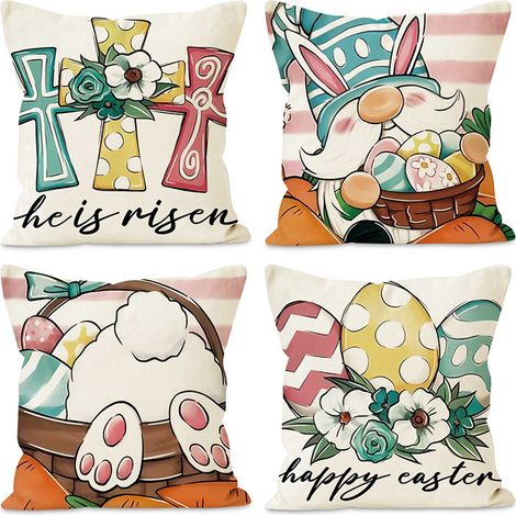[4 Designs pro Packung] Kissenbezug mit Osterhasenmotiv, Leinenmuster, dekorativer Kissenbezug für das Wohnzimmersofa für die Feiertage (1/3)