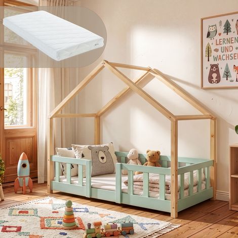 Kinderbett Treviolo 70x140 cm mit Kaltschaummatratze und Gitter Mintgrün/Natur [en.casa] (1/5)