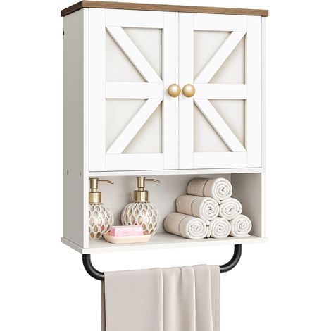 Armoire de Salle de Bain, Armoire à Pharmacie, Étagère Ouverte et Porte-Serviettes, Style Campagnard, Espaces Ouverts et Dissimulés, pour Salon, Cuisine, Noyer Naturel et Blanc (1/5)