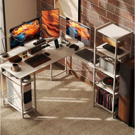 Escritorio en L con estantes, soporte monitor, USB/USB-C, 137 x 140 cm blanco HAVRYA (1/5)