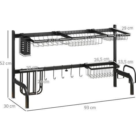 Égouttoir à vaisselle, longueur réglable de 51 à 93 cm, nombreux éléments, agencement flexible, 93 x 30 x 52 cm, noir (1/5)