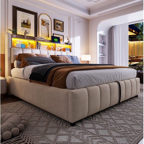 Lit coffre capitonné 180 x 200 cm en tissu beige avec LED, USB et grand rangement hydraulique (1/5)