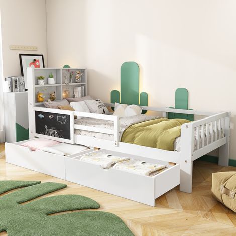 Cama infantil 90x200 cm de madera blanca, con almacenaje para dormitorio, sin colchón -FLORAGRACE (1/5)