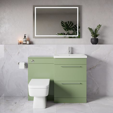 Napoli 390 Olive Green 1100mm 2 Drawer Vanity Unit Toilet Suite with Glide Basin - 1100mm - Chrome 320mm HandleWith Kingston Toilet Pan and Seat