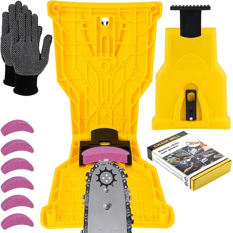 Affûteur de chaîne universel - 6 pierres à aiguiser et gants inclus - Pour tronçonneuse et travaux forestiers - Rapide et précis (1/5)