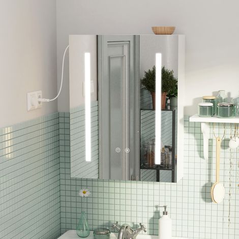 Miroir de Salle de Bains Intelligent avec Éclairage LED 3 Couleurs Port USB Intégré Rangement Anti-Buée Dimensions 45x60cm (Murale, Design Moderne (1/5)