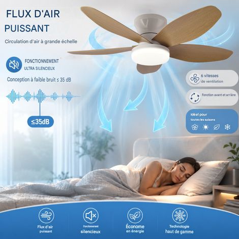 MRTRS-Ventilateur décoratif à pales bois avec lumière LED variable, 6 vitesses de ventilation, fonction silencieuse économe en énergie compatible plafond bas (1/5)