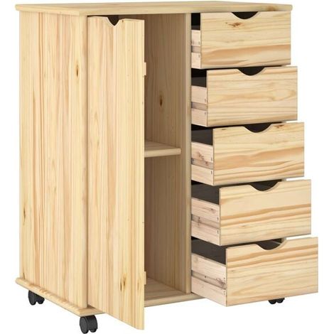 Meuble de Rangement sur Roulettes en Bois Massif de Pin, 63,5 x 39 x 79 cm, Étagère de Stockage Mobile Marron pour Salon, Cuisine ou Bureau (1/5)