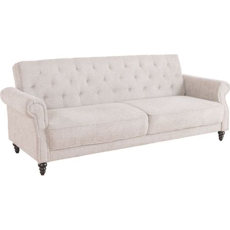 Sofá convertible recto MILES beige – Sofá clásico de tela rizada con estructura de madera maciza