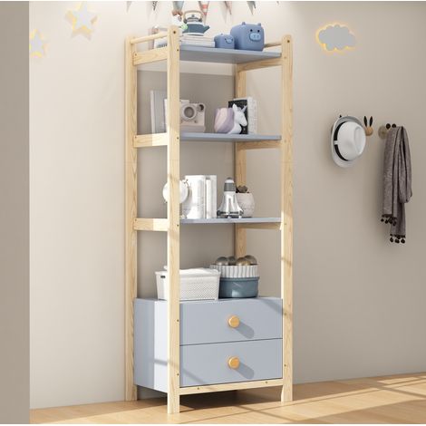 Estantería librería de 4 niveles con 2 cajones, estructura de pino, azul y madera natural (1/5)
