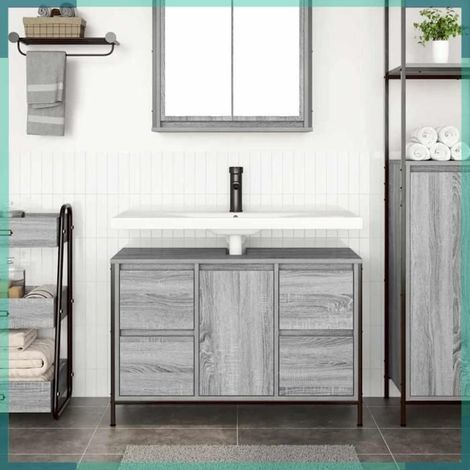 Meuble sous-vasque - 861890 - Sonoma gris - 90 x 34,5 x 60 cm - 4 tiroirs, 1 porte, pieds réglables (1/5)