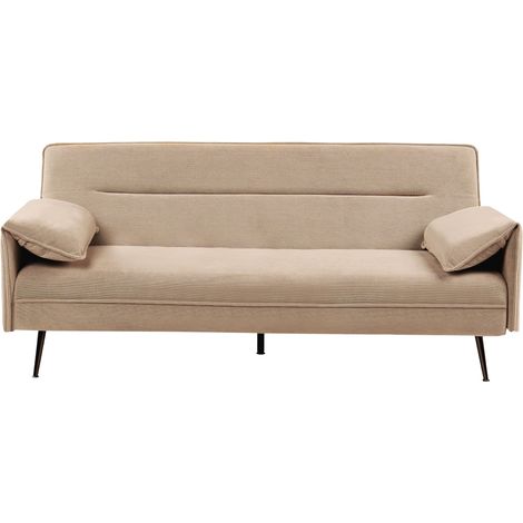 Sofa Bed Light Brown Fabric Upholstery Wooden Legs 3 Seater Adjustable Pillow-Top Arms Click-Clack Mechanism Water-Repellent Living Room Bedroom VAYLA (1/5)