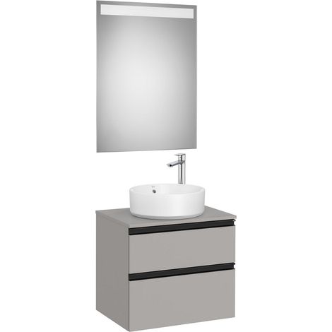 Pack meuble "The gap" 600 pour vasque à poser - 2 tiroirs + plan + miroir LED - gris moyen mat/poignées noires - Roca (1/2)