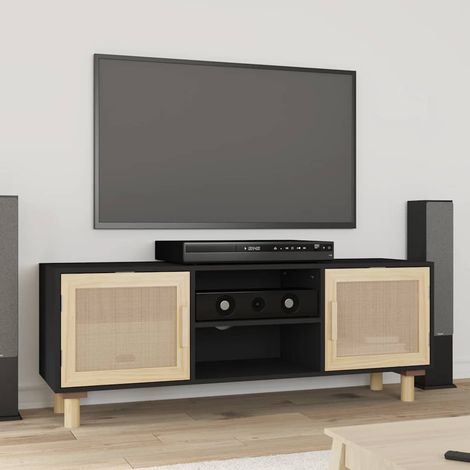 TV-Schrank Schwarz 105x30x40 cm Massivholz Kiefer Natur-Rattan
