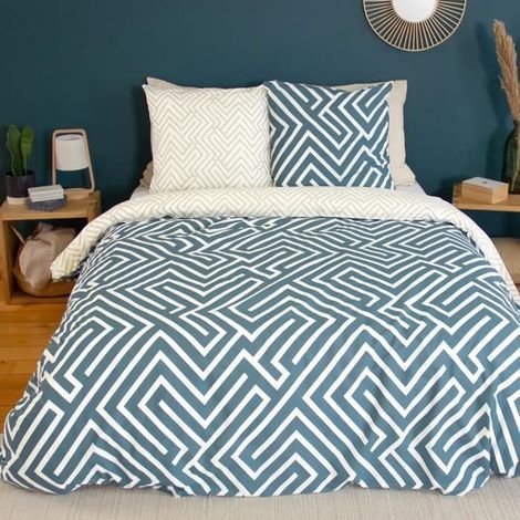 Parure de lit - Housse de Couette - 220x240 cm - 100% Coton - Motif géométrique - Bleu Blanc Beige