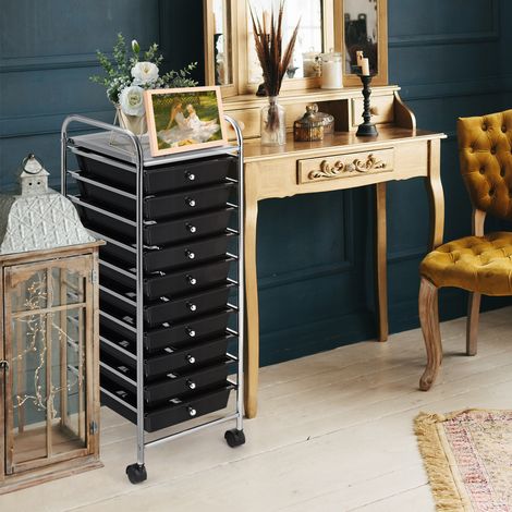 Chariot Rangement Roulant 10 Tiroirs Amovibles Desserte Bureau Classeur Roulettes 32,5x37x86 cm Noir CW26728 (1/2)