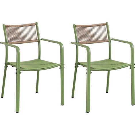 Pair of Rope Effect Backed Bistro Arm Chair - Metal/Plastic - L56 x W54 x H80 cm - Moss Green - Flat Packed