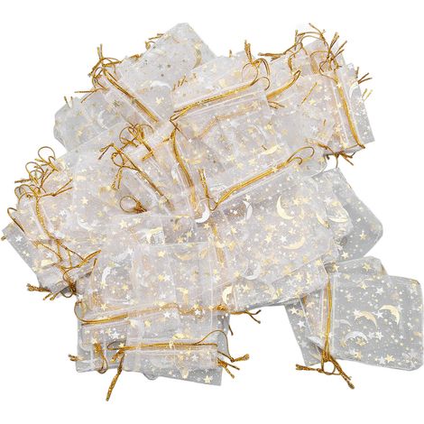 Sachets en organza blancs 7 x 9 cm, 100 mini-sacs en filet à motif étoiles et lunes, avec cordon de serrage. Idéaux pour offrir des bijoux, des cadeaux, des mariages ou des fêtes prénatales. (1/5)