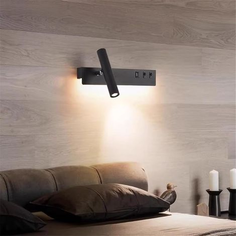 Lampe De Chevet USB, Lampe Murale, Projecteur De Chambre à Coucher, Interrupteur Créatif, Lampe De Lecture, Hôtel Moderne, Salon, Tv, Appliques Murales, Lumière Ambiante (Noir gauche) (1/5)