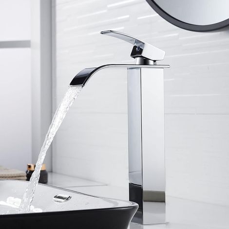 Modern Tall Waterfall Basin Faucet, Elegant Design Bathroom Faucet, Tall Single Handle Brass Basin Mixer Tap, Hot and Cold Water Available (1/5)