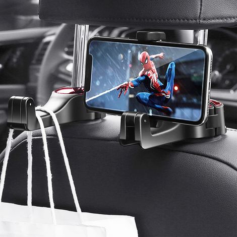 2 pezzi ganci poggiatesta auto con supporto per cellulare, gancio posteriore girevole a 360° per borsa, portafoglio, fazzoletti, cibo, sedile posteriore, facile da maneggiare (nero) (1/4)