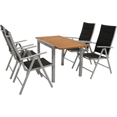 VAIL: Garnitur 5-teilig (4x Klappsessel mit Armlehnen, 1x Ausziehtisch 80/120x70cm), Sessel Gestell Aluminium silbergrau, Bezug Kunstgewebe schwarz, Tisch Gestell Aluminium silbergrau, Tischplatte Aka (1/5)