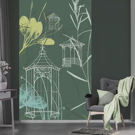 Papier peint intissé 250x150cm, motif pergolas en fer, jardin public, vert foncé, style champêtre. (1/2)
