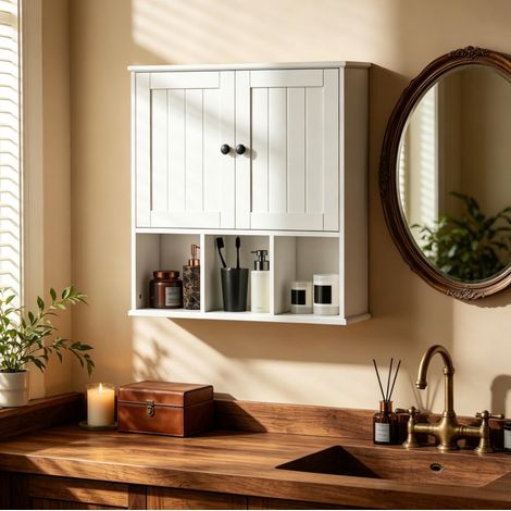 Armario de pared para baño de MDF blanco con 2 puertas y estantes abiertos OKWISH (1/5)
