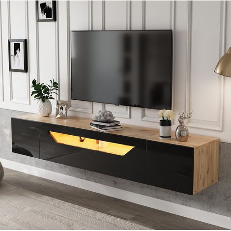 Mobile TV sospeso 180 x 37 x 36 cm con LED, per TV 75" nero e legno naturale DESVIAE (1/5)